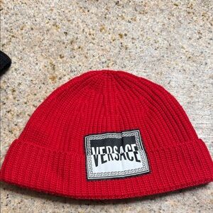 Versace Bold Red Knit Ribbed Beanie With Logo Patch